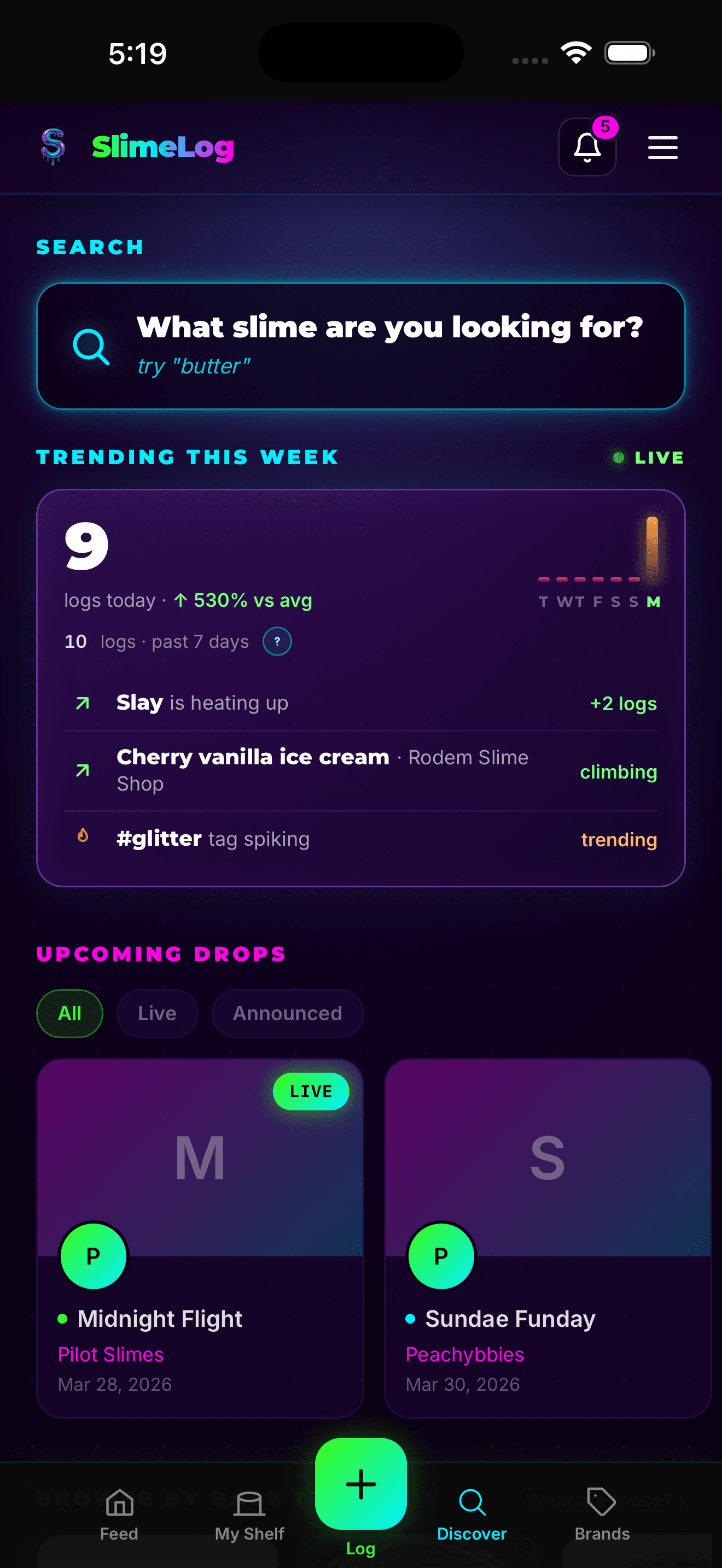 SlimeLog discover view showing trending drops