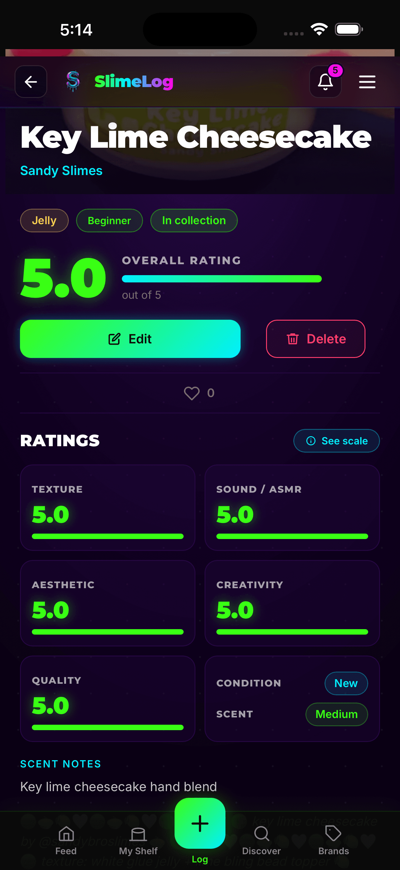 SlimeLog slime detail view showing six-axis rating card